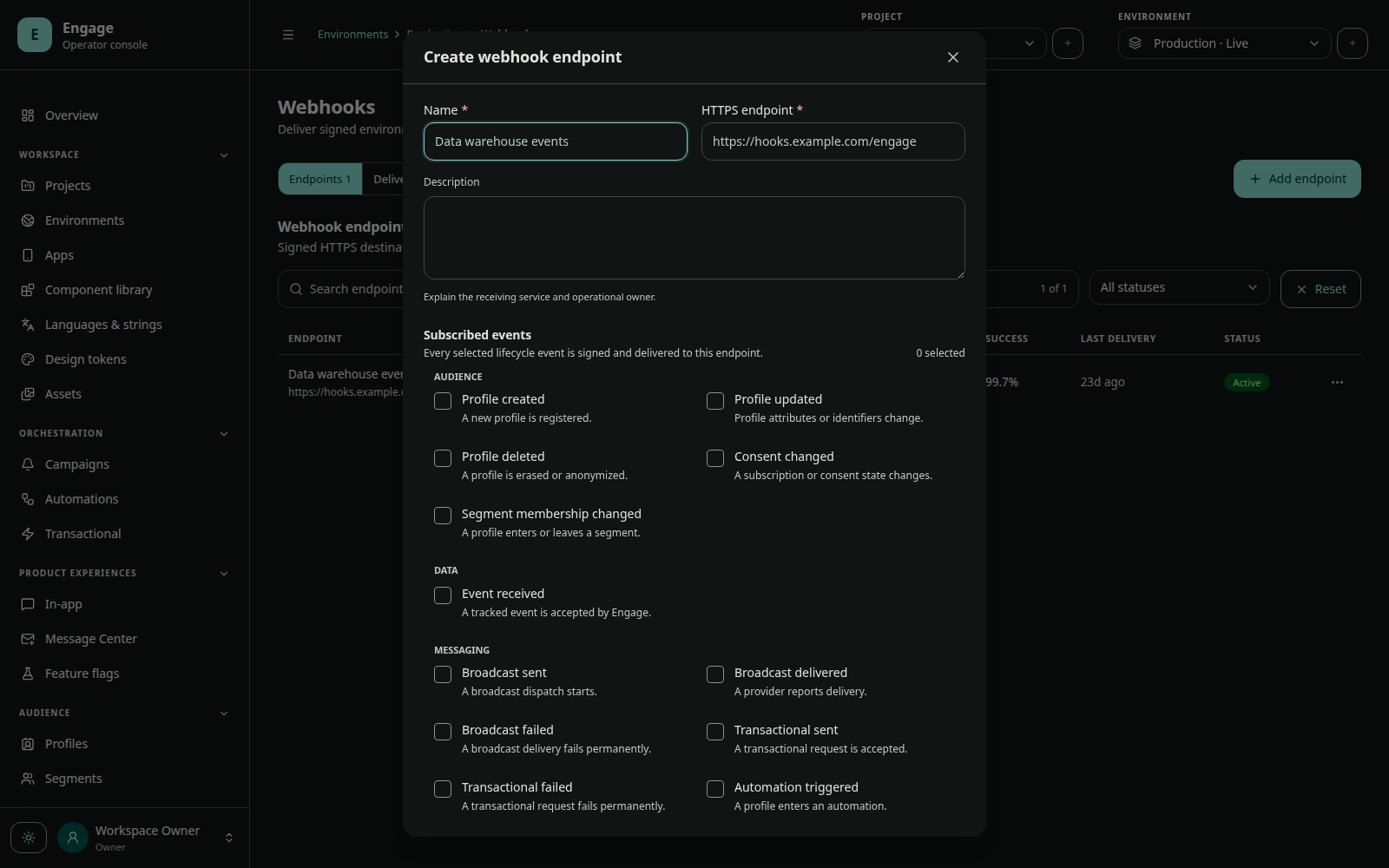 Engage webhook endpoint editor with URL, event selection, custom headers, signing secret, retry, and timeout policy